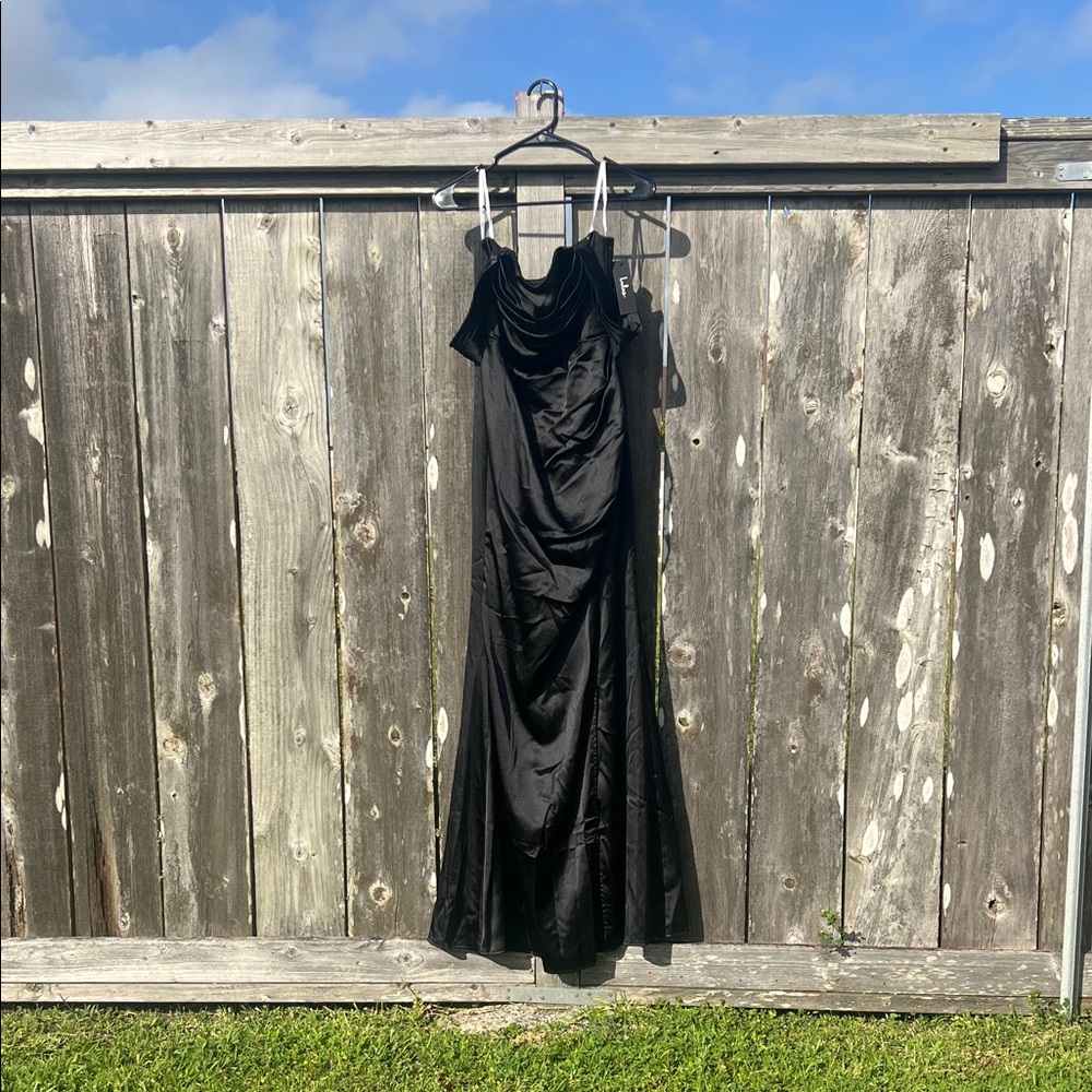 Lulu's Black Satin Off-the-Shoulder Maxi Dress / Gown